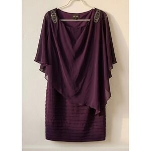 Xscape Women Plus 22W Plum Beaded Shoulder Chiffon Overlay Tiered Cocktail Dress